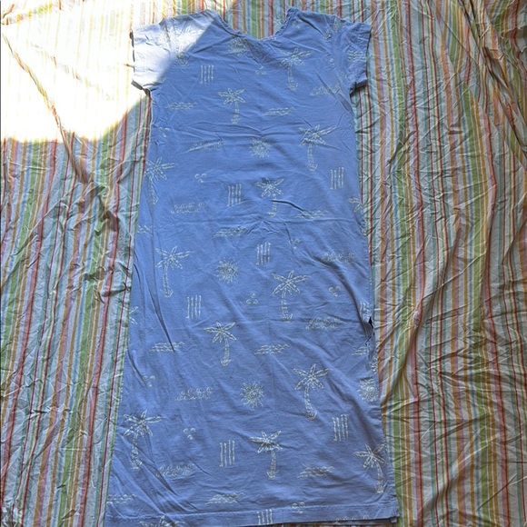 Vintage Periwinkle Blue Short Sleeve Maxi T-Shirt Dress with Palm Tree Print, m - Picture 7 of 7
